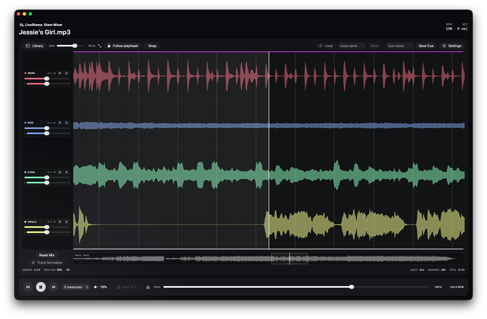 LiveStems desktop development preview showing separate drum, bass, instrument, and vocal waveforms with mixing and playback controls