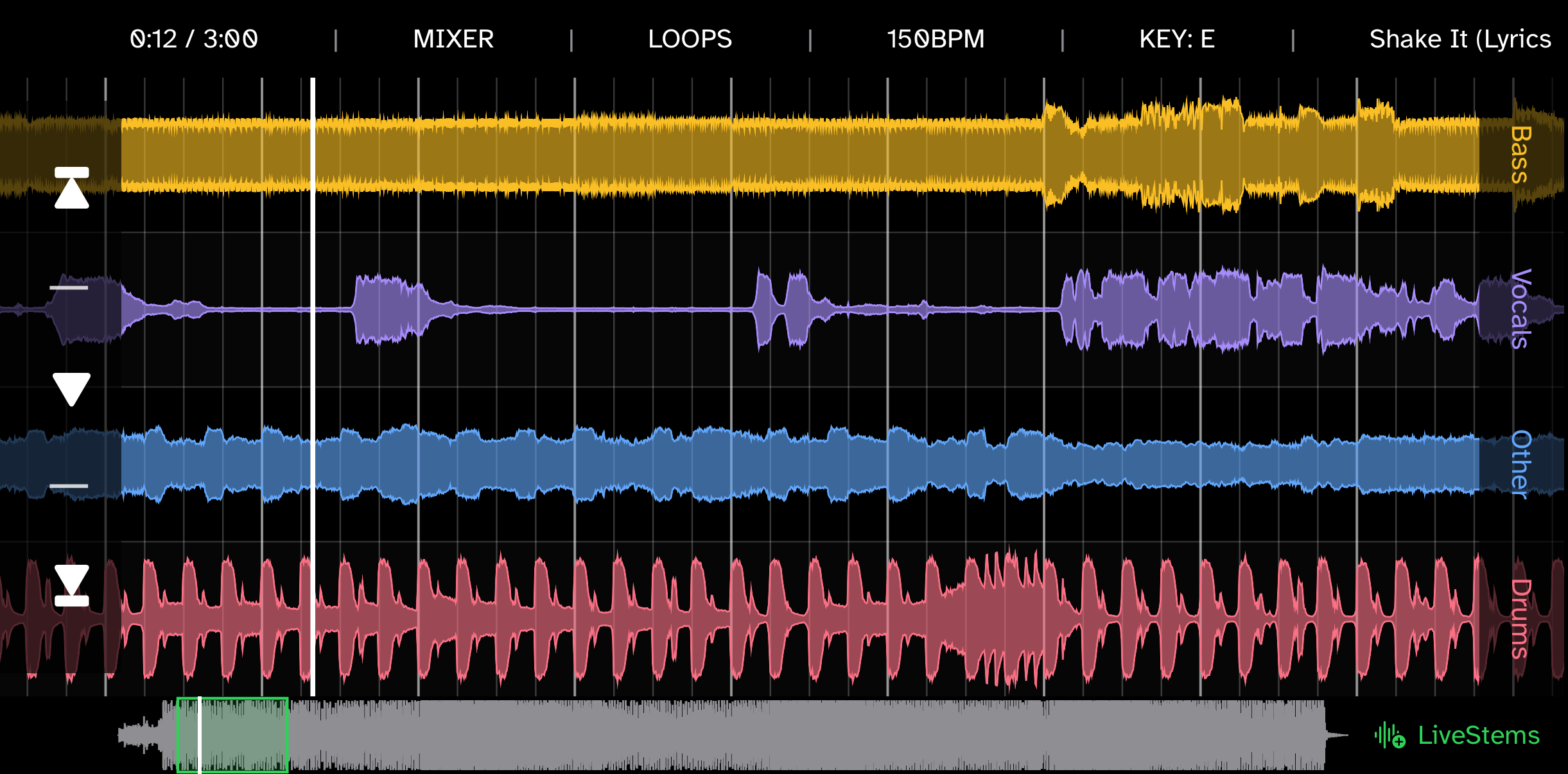 LiveStems mobile development preview in landscape, showing colored bass, vocal, instrument, and drum tracks